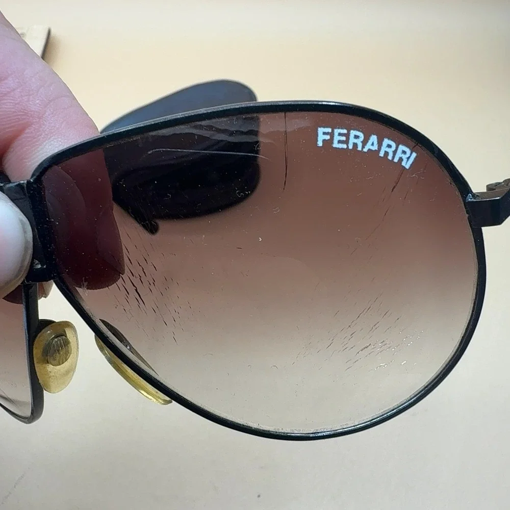VTG Ferarri Sunglasses Aviator Black Metal Frame Brown **damaged Lens with Case